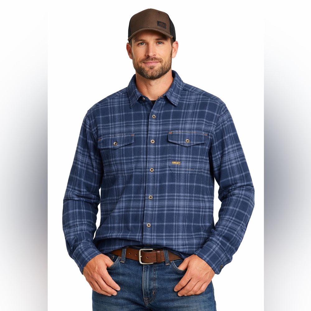 Ariat Rebar Flannel Shirt Mens XL Blue Plaid Button Front Workwear Heavyweight
